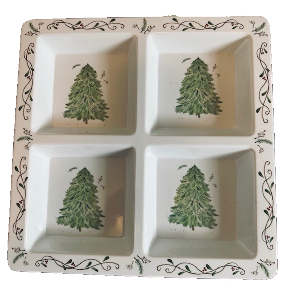 Melamine Ware, Christmas Tree w Holly Serving Platter 4 section L20703S
